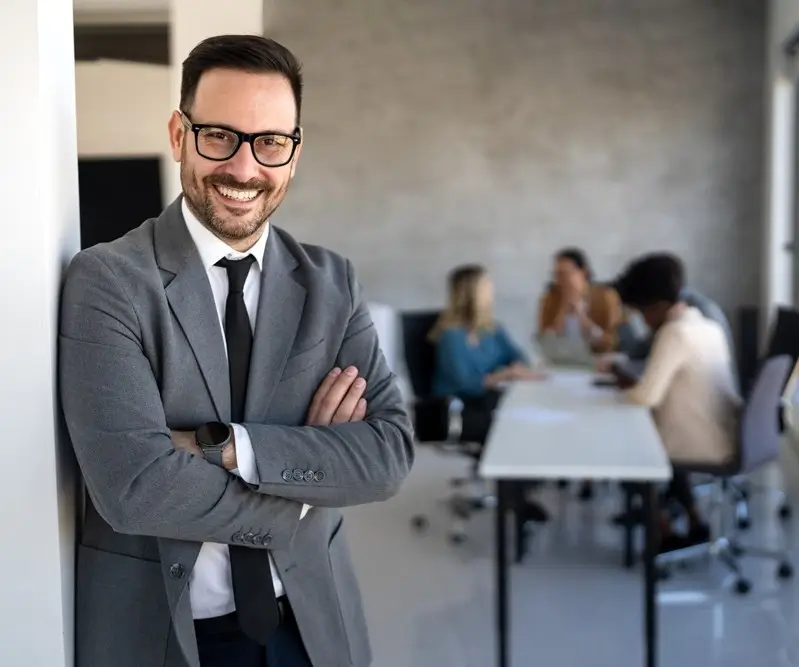 Patent lawyer in business suit smiling