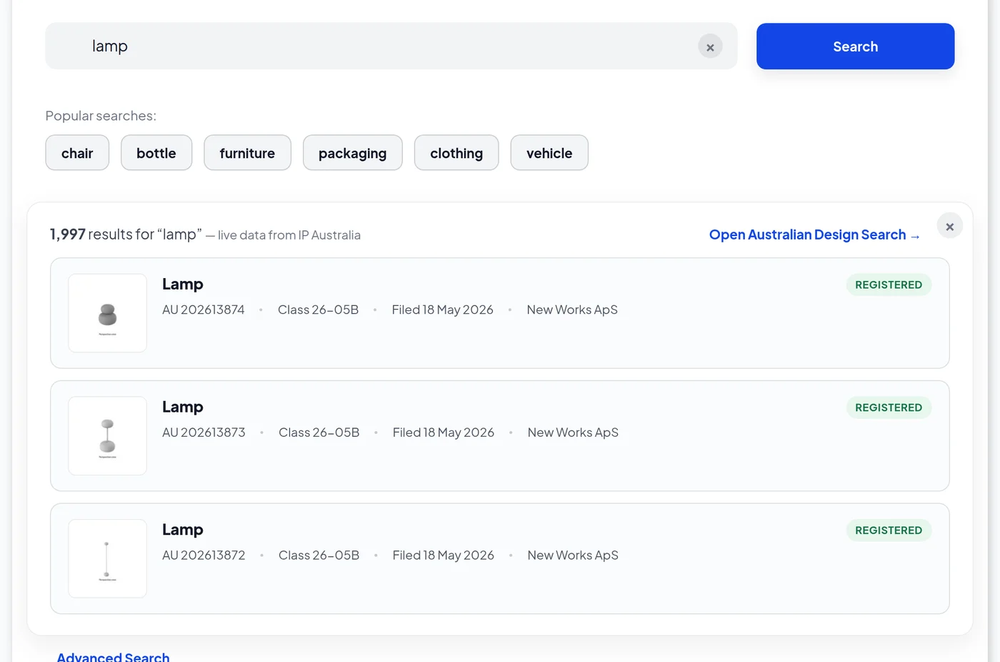 ATMOSS design search showing live results for lamp with design representation thumbnails, Locarno classes and registration status