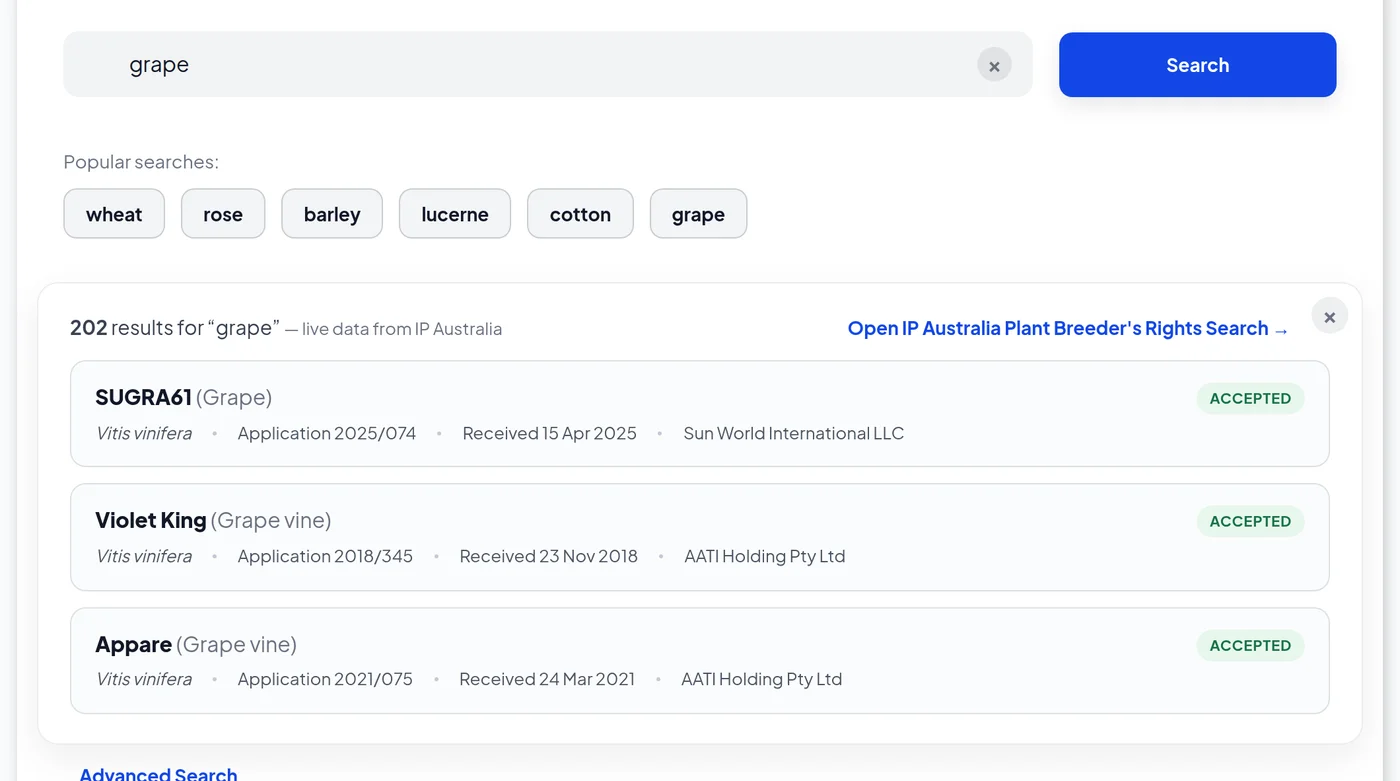 ATMOSS Plant Breeders Rights search showing live results for grape with variety names, species and application status