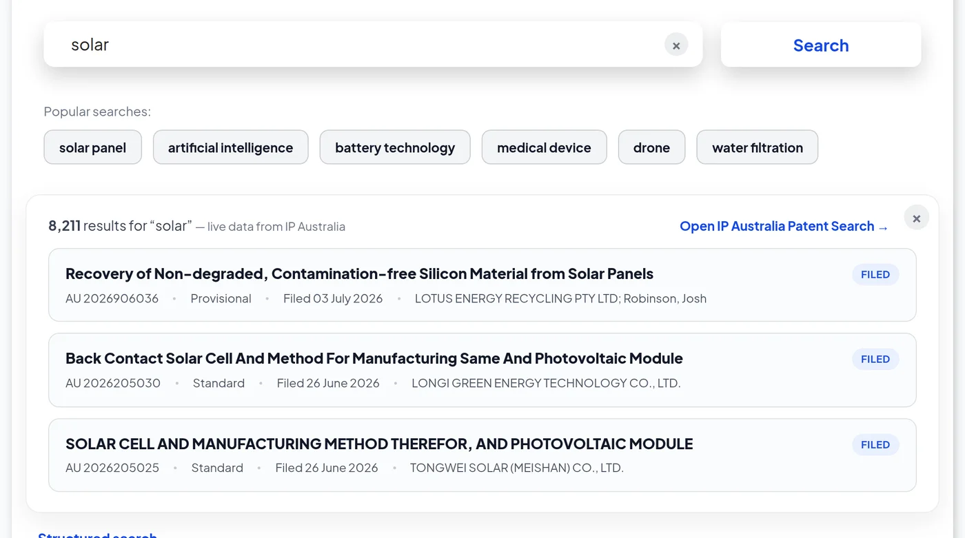 ATMOSS patent search showing live results for solar with application numbers, filing dates, applicants and status badges