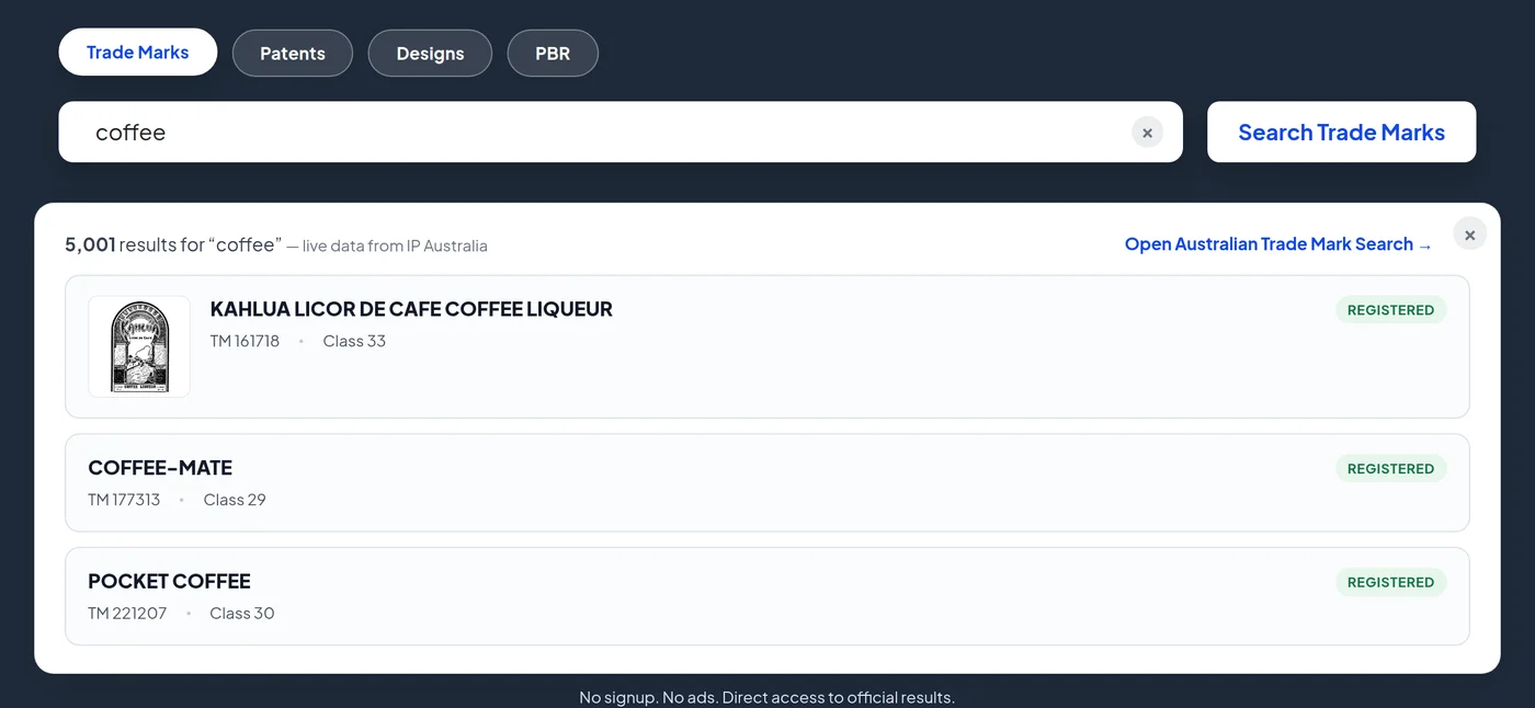 ATMOSS homepage trade mark search showing 5,001 live results for coffee with logos, classes and status badges