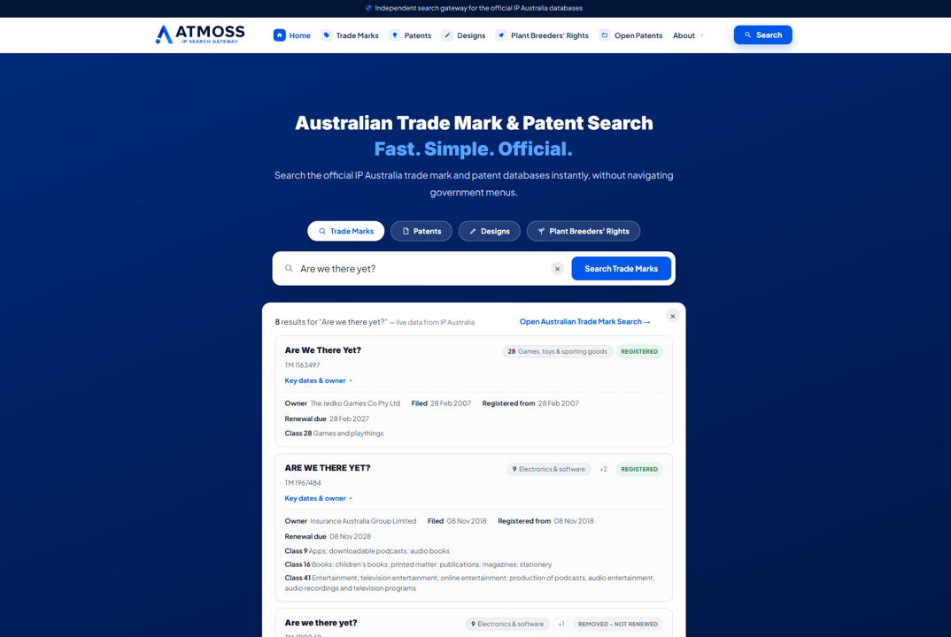 ATMOSS trade mark search results for the phrase are we there yet, showing nine registered and removed Australian trade marks